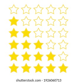 Set of 5 yellow stars on a white background. Five stars rating. Set, collection of star rating badges, labels for web and print.