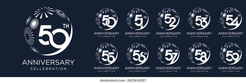 set of 50 to 59th anniversary logotype design, with white color fireworks for celebration event, wedding, and birthday, vector illustration