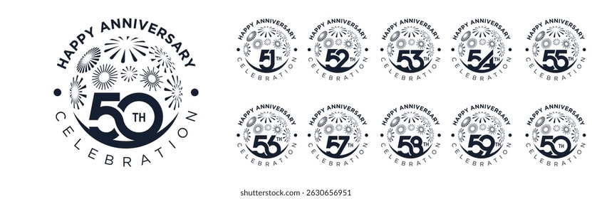 conjunto de 50 a 59o design de logotipo de aniversário, com fogos de artifício de cor preta para evento de celebração, casamento, e aniversário, ilustração vetorial