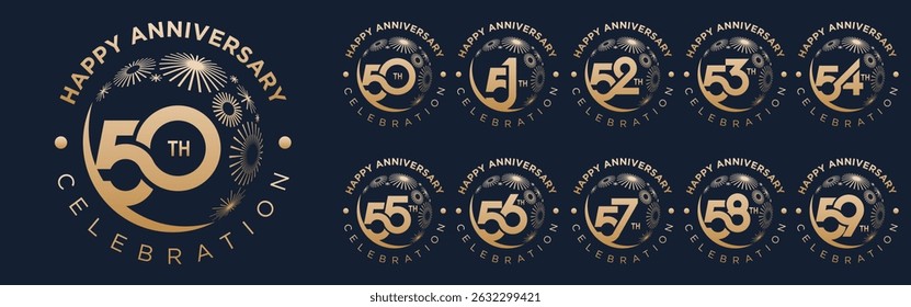 set of 50 to 59th anniversary logotype design, with golden fireworks for celebration event, wedding, and birthday, vector illustration