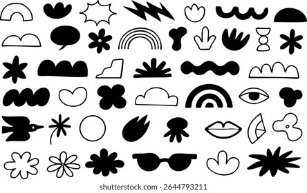 Set of 50 abstract bold hand drawn shapes in black and outline style. Includes flowers, rainbows, eyes, lips, speech bubbles and organic blobs. Vector EPS 10