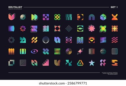Set of 50 abstract geometric shapes with bright gradient colours. Minimalist, brutalist, Y2K, techno symbols, logomarks and icons isolated on black. EPS10 vector graphic.