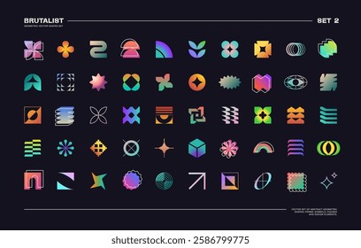 Set of 50 abstract geometric shapes with bright gradient colours. Minimalist, brutalist, Y2K, techno symbols, logomarks and icons isolated on black. EPS10 vector graphic.