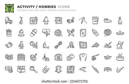 Set of 50 Activity and Hobbie icons. Thin line outline icons such as clay crafting, pottery, billiard, catch, yarn, playground, board game, pizza slice, wood carving, sculpt, coin collecting