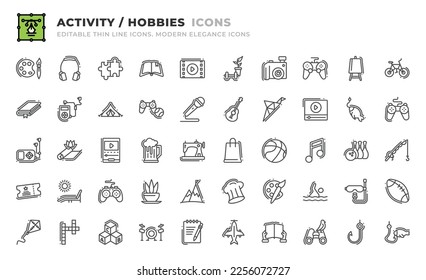 Set of 50 Activity and Hobbie icons. Thin line outline icons such as movies, lifestyle, camera, gamepad, art, bicycle, book, listen, camping tent, interests, microphone, guitar, origami, video