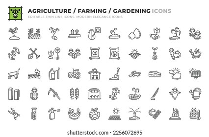 Set of 50 Agriculture and Farming icons. Thin line outline icons such as  growth, vegetation, partnership, sustainable, shovel and rake, smart farm, cooperation, seed bag, fertilizer, land, biology