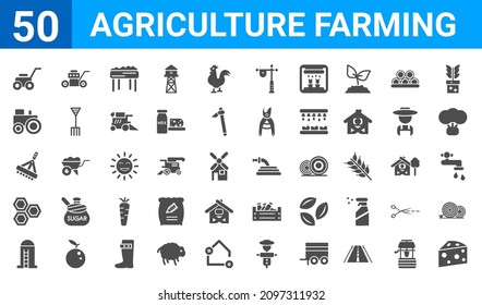 set of 50 agriculture farming web icons. filled glyph icons such as cheese,lawnmower,silo,honeycomb,farming fork,tractor,mower,hose. vector illustration