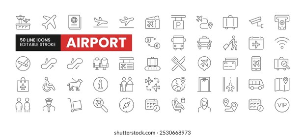 Conjunto de 50 ícones da linha do aeroporto. Ícones do contorno do aeroporto com coleção de traços editável. Inclui Passaporte, Área de espera, Shuttle, Custom Officer, ATM e muito mais.