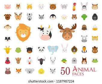 Set of 50 Animal Faces in cartoon style