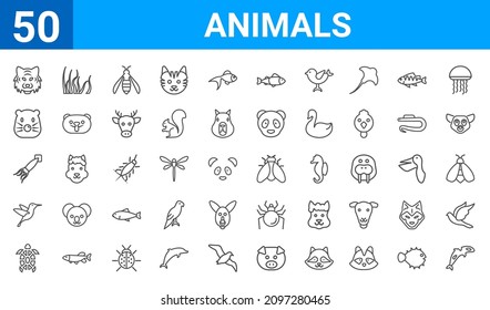 set of 50 animals web icons. outline thin line icons such as grampus,tiger,turtle,colibri,squid,mole,seaweed,fly. vector illustration