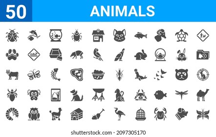set of 50 animals web icons. filled glyph icons such as buttefly,ladybird,grub,louse,cows,paw,fishes in the ocean,ant. vector illustration