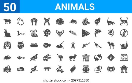 set of 50 animals web icons. filled glyph icons such as kennel,smilodon,documentary,mouse toy,afghan hound,sitting rabbit,drunk,insect. vector illustration