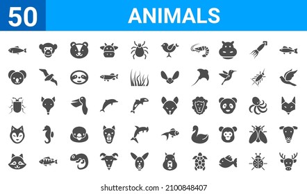 set of 50 animals web icons. filled glyph icons such as moose,salmon,raccoon,siberian husky,beetle,koala,chimpanzee,hyena. vector illustration