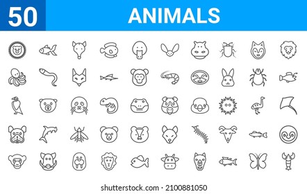 set of 50 animals web icons. outline thin line icons such as lobster,hedgehog,chimpanzee,bulldog,deadlock,octopus,goldfish,guinea pig heag. vector illustration