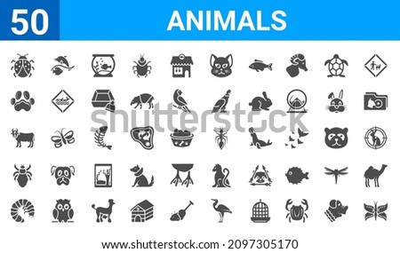 set of 50 animals web icons. filled glyph icons such as buttefly,ladybird,grub,louse,cows,paw,fishes in the ocean,ant. vector illustration
