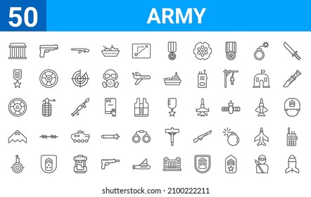 set of 50 army web icons. outline thin line icons such as airplane bomb,federal agency,submarine front view,stealth,radiation,militar in,gun,in. vector illustration