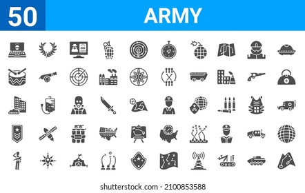 set of 50 army web icons. filled glyph icons such as union military strategy,robber,soldiers and a weapon,rank,militar tank in city street,military drum musical instrument,two branches,militar.