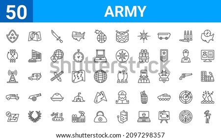set of 50 army web icons. outline thin line icons such as soldiers and a weapon,two branches of frame,map and compass,military transport,antenna,military strategy graphic,military strategy