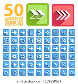 Set of 50 Arrow Icons with Shadows on Square Buttons.
