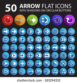 Set of 50 Arrow Icons with Shadows on Circular Buttons.