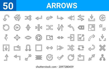 set of 50 arrows web icons. outline thin line icons such as circuit,u turn arrow,upward,exit down,roundabout,repeat,loading arrows,double arrow. vector illustration