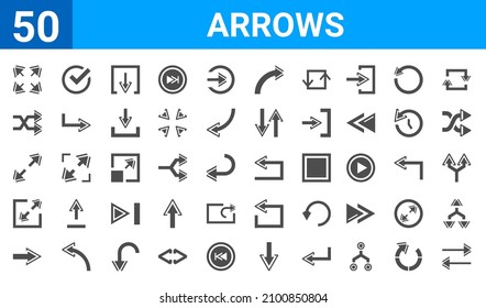 set of 50 arrows web icons. filled glyph icons such as horizontal arrows,expand,right arrow,resize,diagonal arrow,shuffle arrows,confirm,return. vector illustration