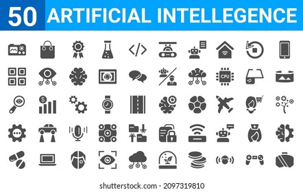 set of 50 artificial intellegence web icons. filled glyph icons such as oculus rift,nano sensor,medicine,processing,detection,ai grid,shopping bag,unsupervised learning. vector illustration