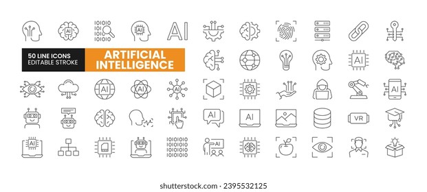 Set of 50 Artificial intelligence line icons set. Artificial intelligence outline icons with editable stroke collection. Includes Robotics, Chip, Voice Recognition, AI, Data, and More.