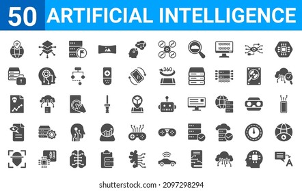 Satz von 50 Web-Icons mit künstlicher Intelligenz. gefüllte Symbole wie Übersetzung, ip, Gesichtserkennung, Seitenaufrufe, demografische Darstellung, Datensicherheit, Layer, Bot. Vektorgrafik