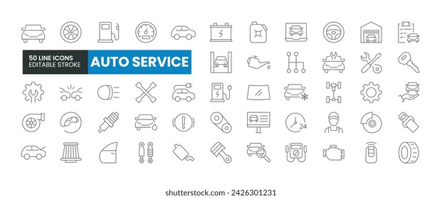 Set of 50 Auto Service line icons set. Auto Service outline icons with editable stroke collection. Includes Garage, Fuel, Engine, Mechanic, Car Wash, and More.