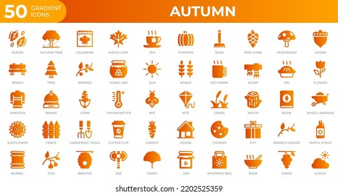 Set 50 Autumn icons in gradient style  Leaves  berries  sweater  Gradient icons collection  Vector illustration