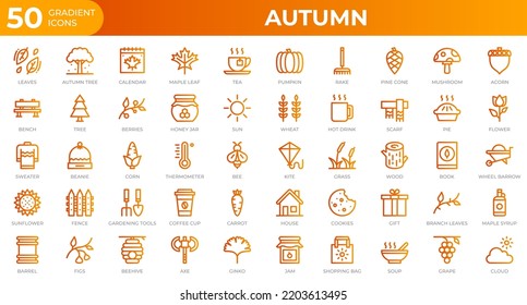 Set 50 Autumn icons in gradient style  Leaves  berries  sweater  Gradient icons collection  Vector illustration