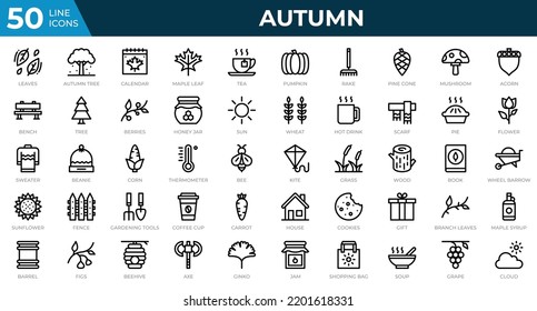 Set of 50 Autumn icons in line style. Leaves, berries, sweater. Outline icons collection. Vector illustration
