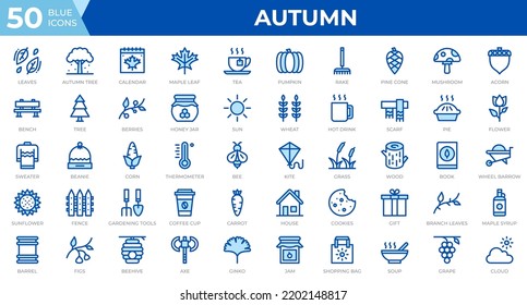 Set of 50 Autumn icons in line blue style. Leaves, berries, sweater. Outline icons collection. Vector illustration