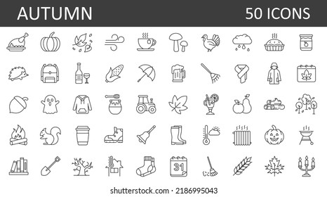 Set of 50 autumn outline icons. Collection of fall related objects, plants and animals, holidays, celebrations. Seasonal vector symbols.