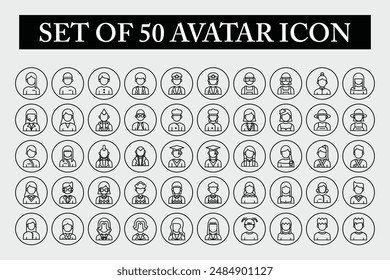 Set of 50 avatar icons in outline style