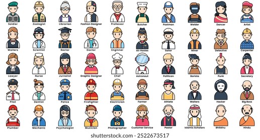 set of 50 avatar profession cartoon design style, Editable vector stroke outline.