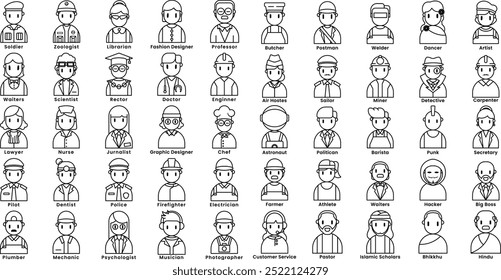 Set of 50 avatar profession work character outline design style, Editable vector stroke outline.