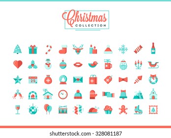 Set of 50 beautiful Christmas icons, flat design style, vector illustration