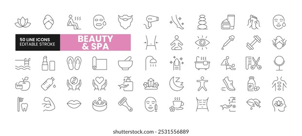 Conjunto de 50 ícones de linha de beleza e Spa definido. Ícones de contorno de beleza e Spa com coleção de traçados editável. Inclui Sauna, Máscara Facial, Massagem, Jacuzzi, Hidratação e muito mais.