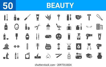set of 50 beauty web icons. filled glyph icons such as women waist,liquid makeup,spray,spa,hair spray,inclined bottle,inclined lipstick,face mask. vector illustration