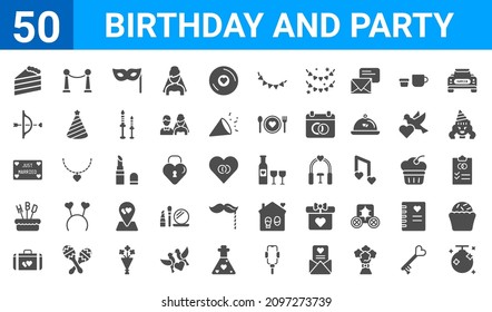Set von 50 Geburtstag-und Party-Web-Symbole. gefüllte Glyph-Symbole wie Spiegelkugel, Kuchenscheibe, Hochzeitsgepäck, Geburtstag, einfach verheiratet, Kuchen, Schlange, Hochzeitswein. Vektorgrafik