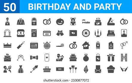 set of 50 birthday and party web icons. filled glyph icons such as toast,pastor,kiss,wedding cake,wedding crown,wedding altar,suit,marriage. vector illustration