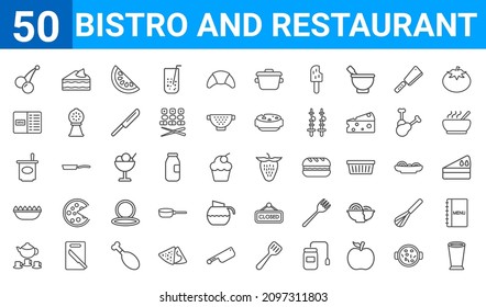 set of 50 bistro and restaurant web icons. outline thin line icons such as wide glass,two cherries,tea,nachos plate,yogurt with spoon,open menu,cake piece with cream,strawberry drawing. vector