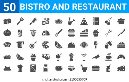 set of 50 bistro and restaurant web icons. filled glyph icons such as piece of cheese,load of bread,creme caramel,mexican food,combine meal,fresh tomato,spatula utensil,tray and cover. vector