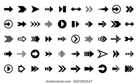 Set van 50 zwarte pijlen, cursors, pictogrammen, wijzers, markeringen. Vectorillustratie geïsoleerd op witte achtergrond