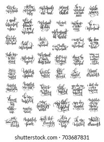 set of 50 black ink hand written lettering positive quote about mermaid and unicorn, calligraphy vector illustration collection