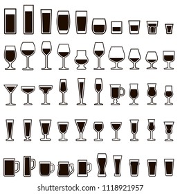 Set of 50 black vector glassware icons for various drinks on a white background