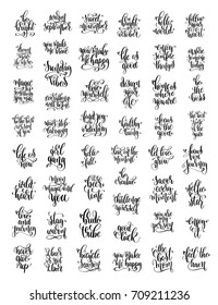 set of 50 black and white hand lettering inscription positive quote, motivation and inspiration phrases to, poster, mug, t-shirt, calligraphy vector illustration collection