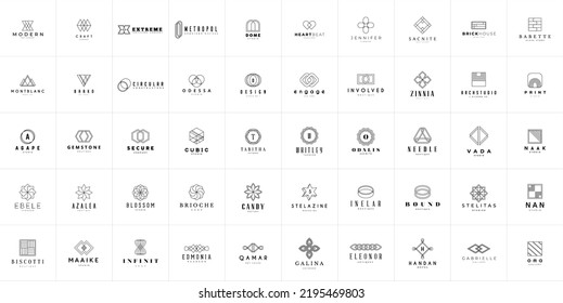 Conjunto de 50 logotipos en blanco y negro. icono abstracto geométrico, minimalista, simple. Para logotipo de negocios, afiche, volante 